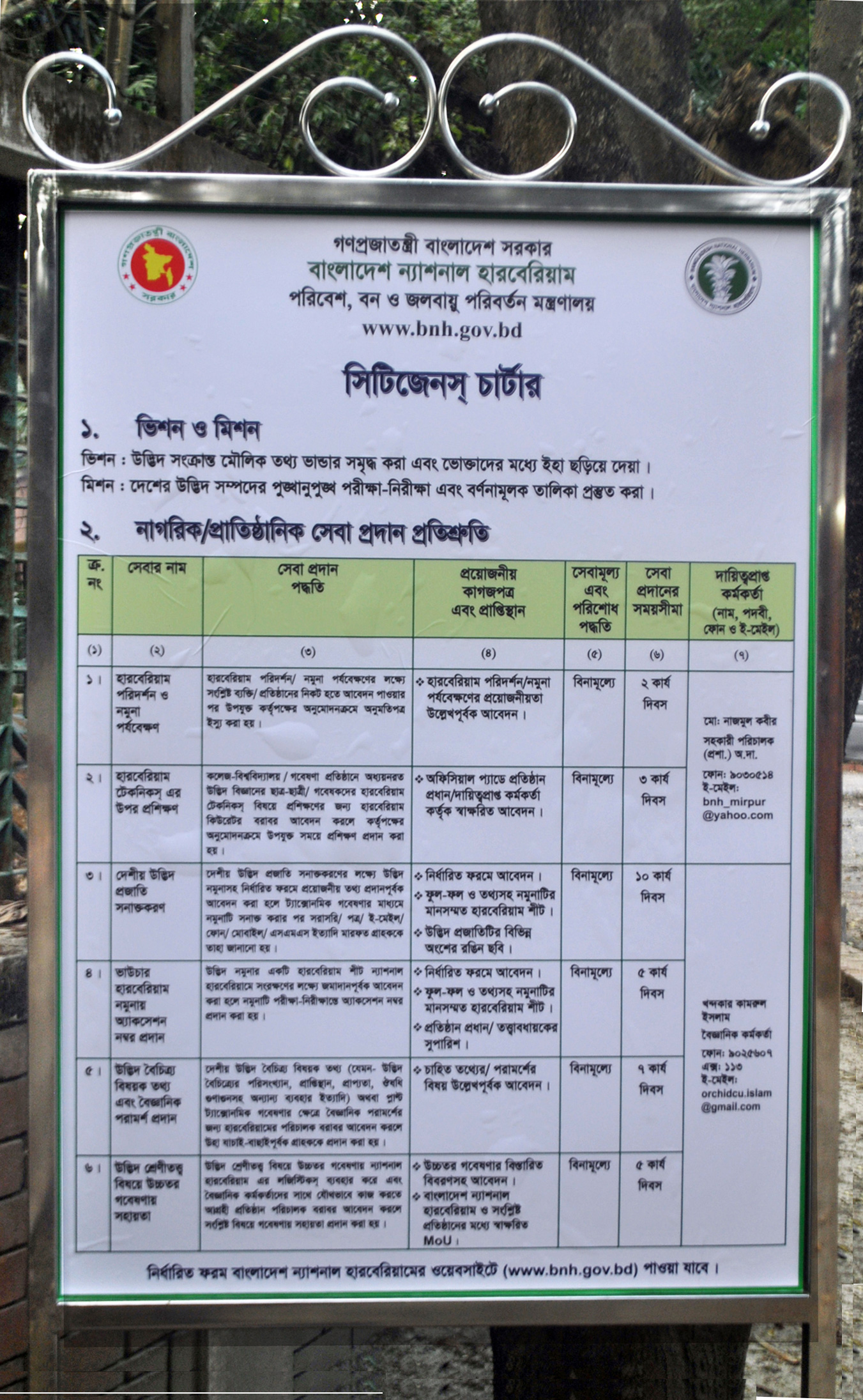 হারবেরিয়াম অফিস প্রবেশদ্বারে স্থাপিত সিটিজেন চার্টার বোর্ড