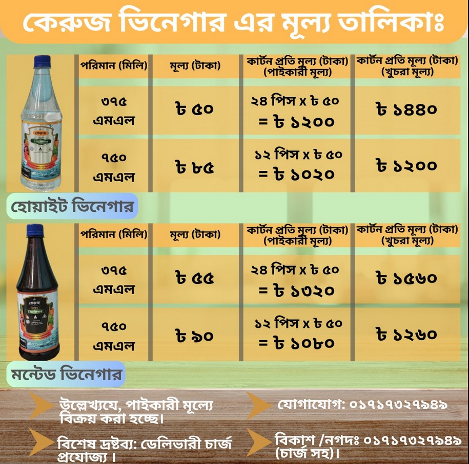 কেরুজ ভিনেগার এর মূল্য তালিকা