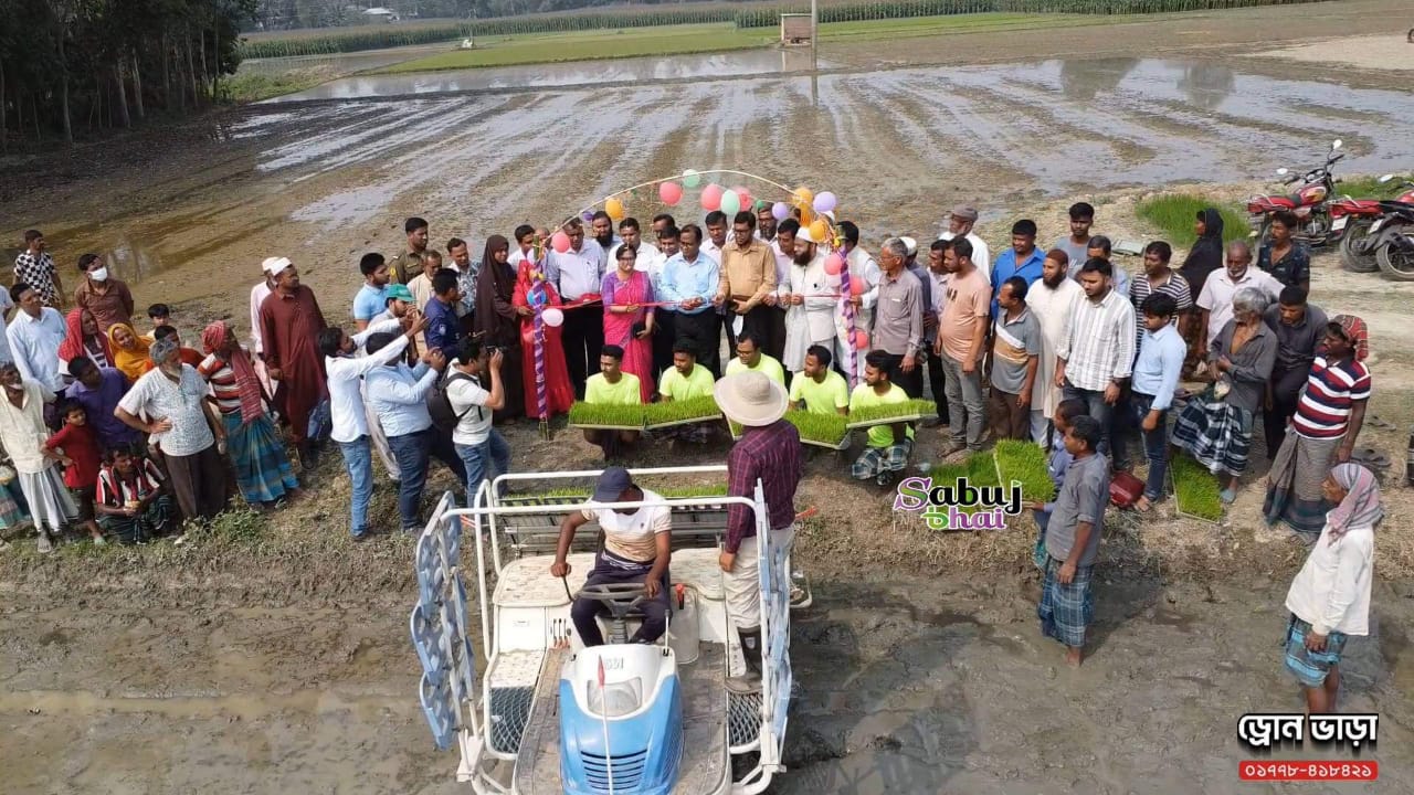 রাইস ট্রান্সপ্লান্টারের মাধ্যমে ধানের চারা রোপণ