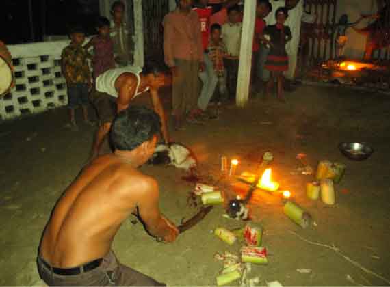 ভেলাই চন্ডি বাজারের সব শেষে কবুতর, পাঠা বলি সহ ৫ বলি দেওয়া হচ্ছে।