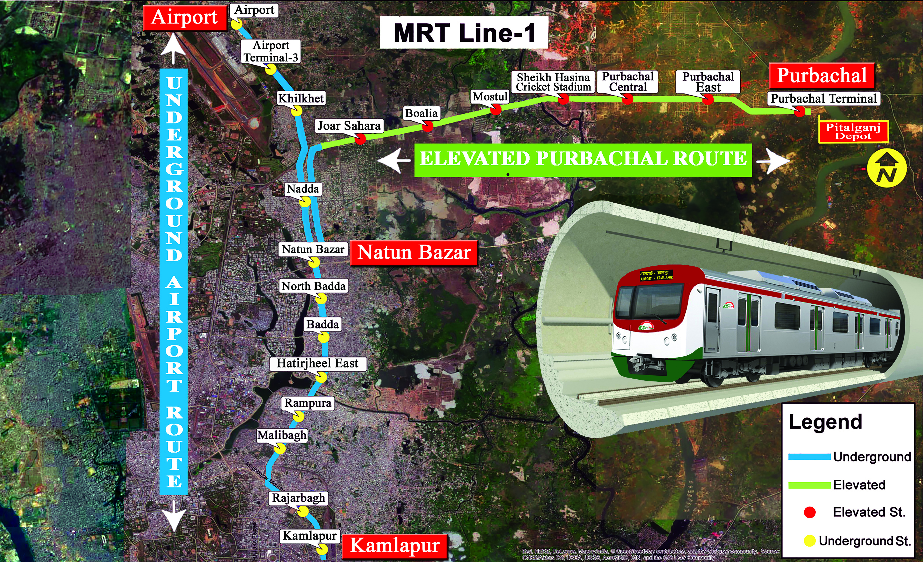 MRT Line-1 এর উভয় রুটের এ্যালাইনমেন্ট ও স্টেশন