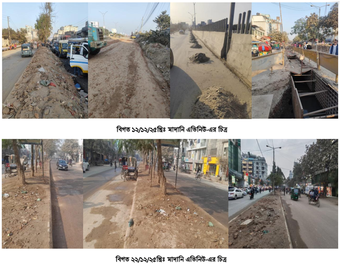 মাদানি এভিনিউ ১০০ ফিট এলাকায় পরিদর্শনের পূর্বের ও পরবর্তী চিত্র