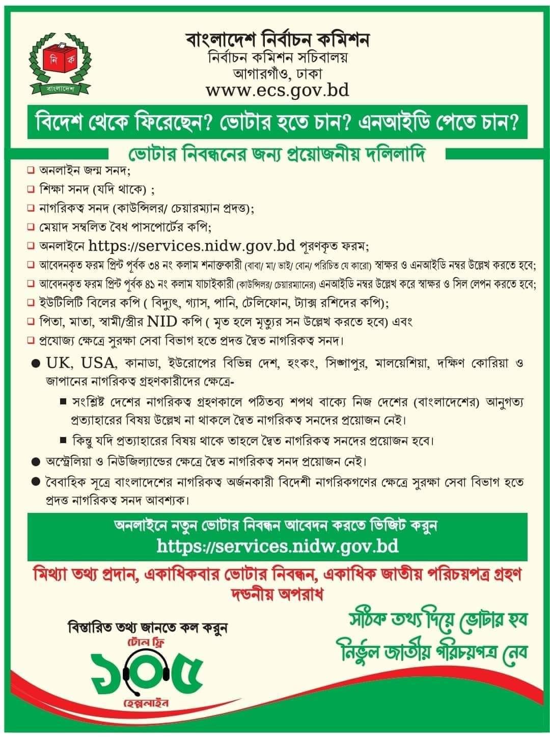 প্রবাসী নাগরিকের ভোটার নিবন্ধন হতে প্রয়োজনীয় কাগজপত্রাদি