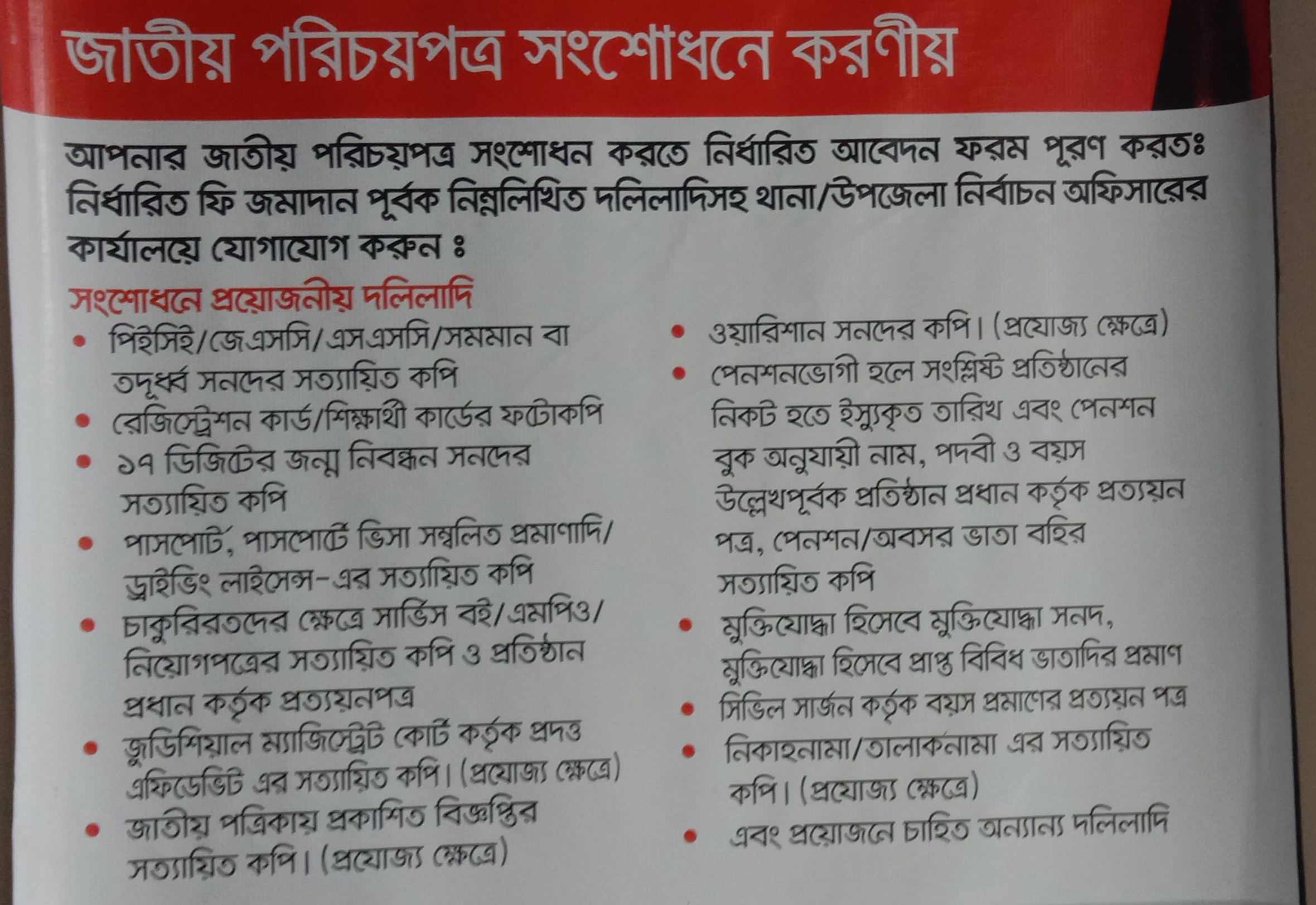 ব্যানারঃ জাতীয় পরিচয়পত্র সংশোধনের করনীয়