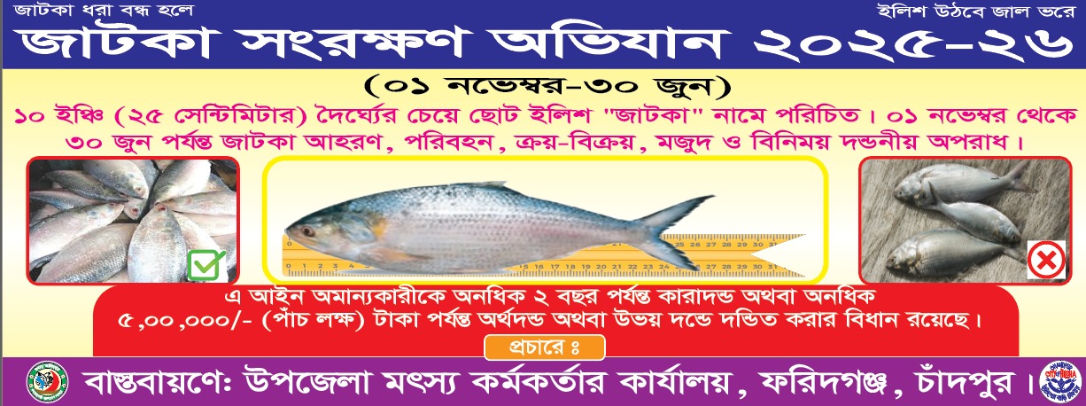 ০১ লা নভেম্বর ২০২৫ হতে ৩০ জুন ২০২৬ পর্যন্ত জাটকা আহরণ পরিবহন, বিক্রয় নিষিদ্ধের ব্যানার