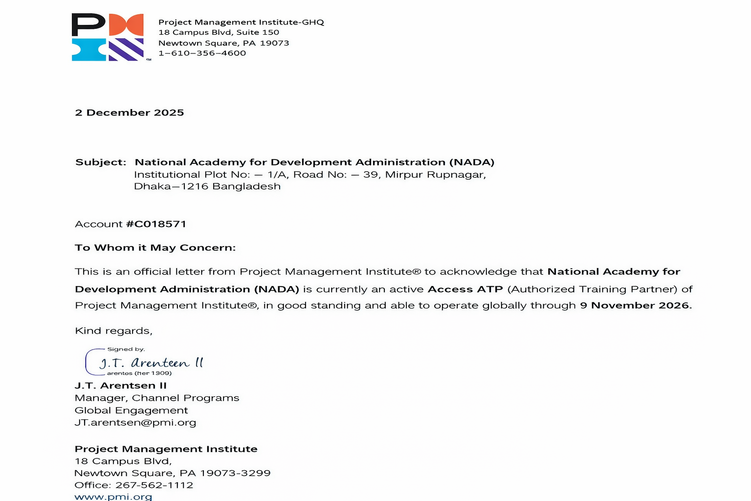 Official Letter from Project Management Institute to acknowledge that National Academy for Development Administration (NADA) is currently an active Access ATP of PMI